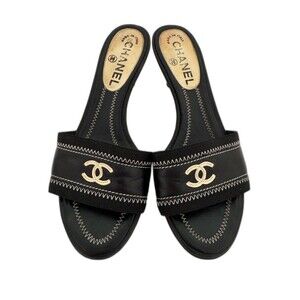 Chanel Vintage Black Leather CC Logo Open Toe Kitten Heels Mules Shoes EU 36.5